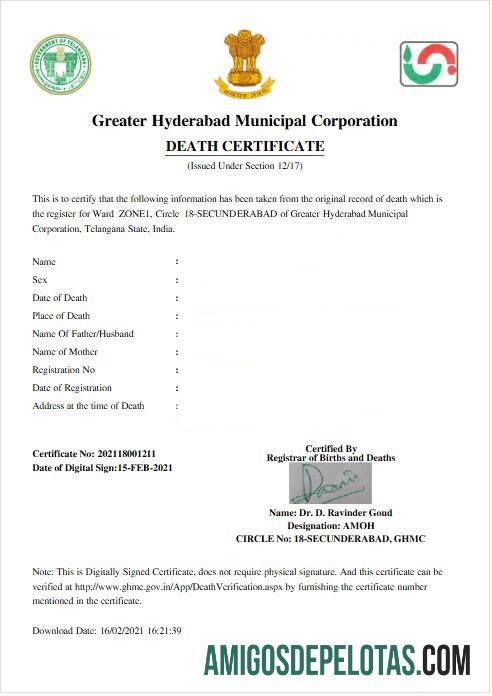 Certidão de Óbito da Corporação Municipal da Grande Hyderabad da Índia exemplo